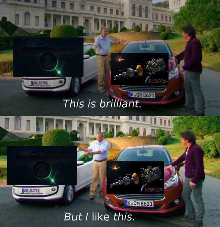 Two men comparing sci-fi spaceship memes outdoors, captioned with relatable science fiction memes humor and preferences.