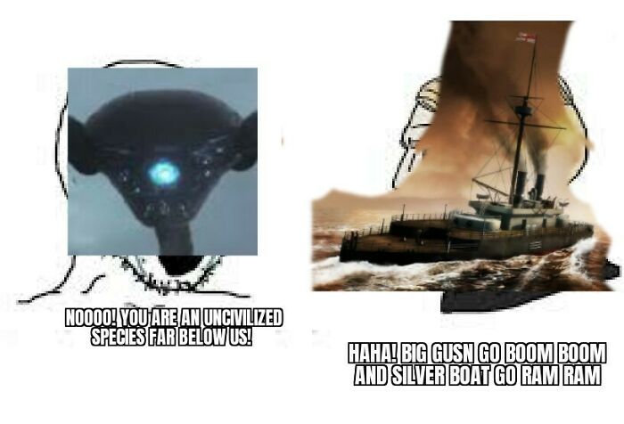 Science fiction nerd meme with two characters debating civilization and a ship causing chaos with sound effects.