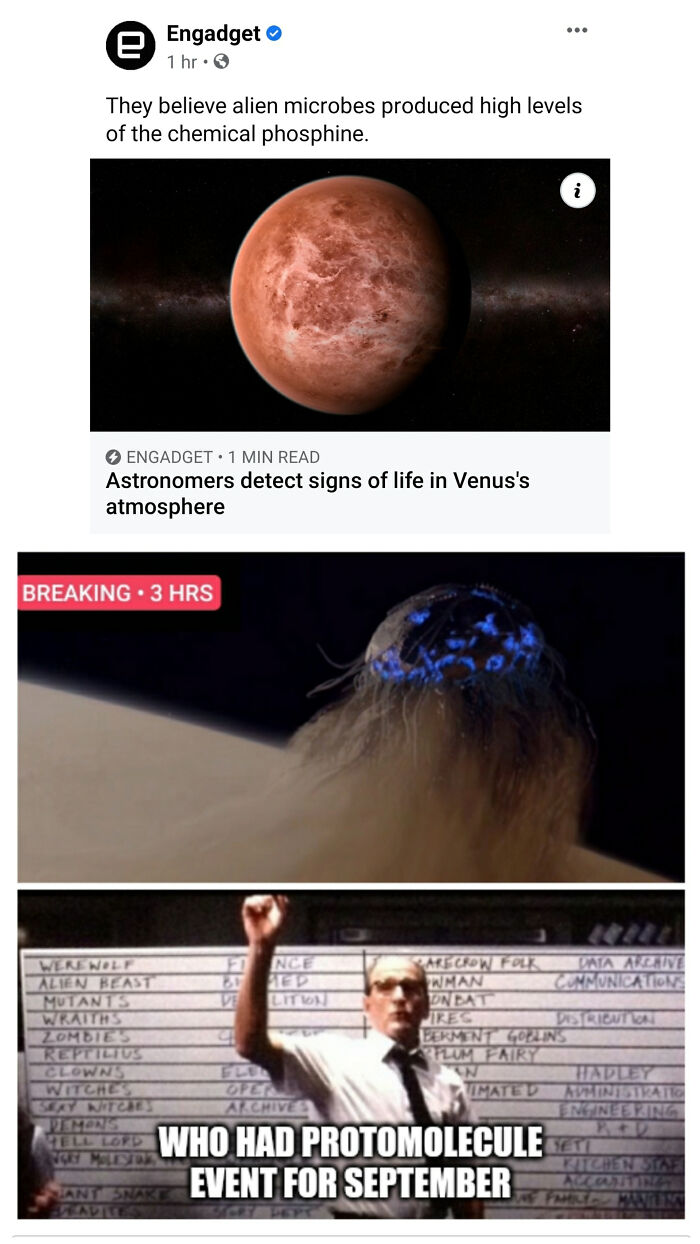 Screenshot of science fiction nerd memes featuring Venus, alien microbes, and a reference to protomolecule events.