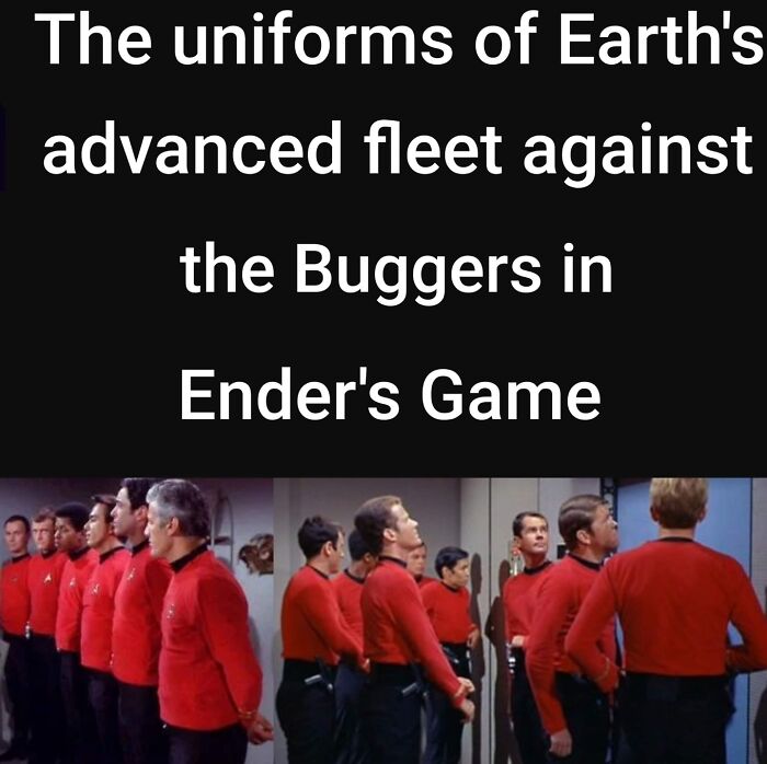 Scene from a science fiction show with characters in red uniforms, highlighting relatable sci-fi nerd memes.