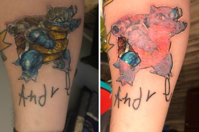 Before and after images of a badly faded and poorly done tattoo showing a damaged cartoon character on an arm.
