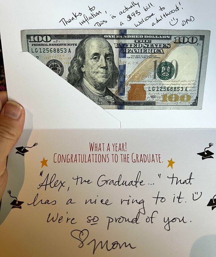 Handwritten amusing parent notes with a $100 bill, congratulating a graduate and joking about inflation and adulthood.
