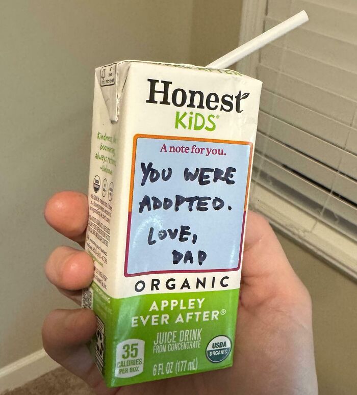 Organic Honest Kids juice box with a creative and amusing handwritten note left by a parent to their child