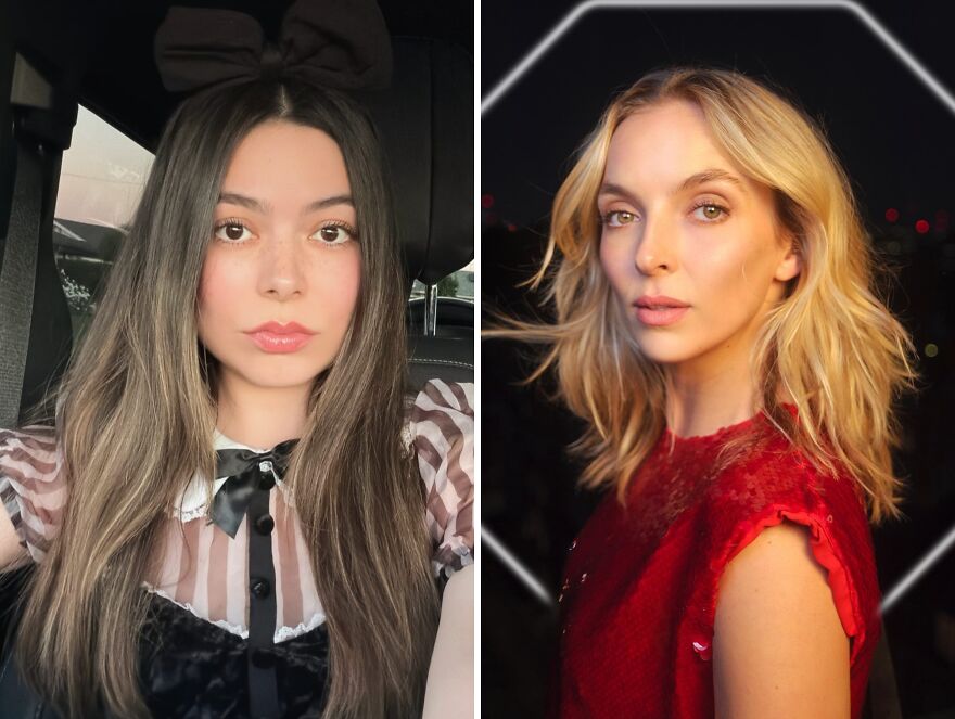 Miranda Cosgrove And Jodie Comer posing, showcasing timeless beauty and redefining what it means to grow older gracefully.