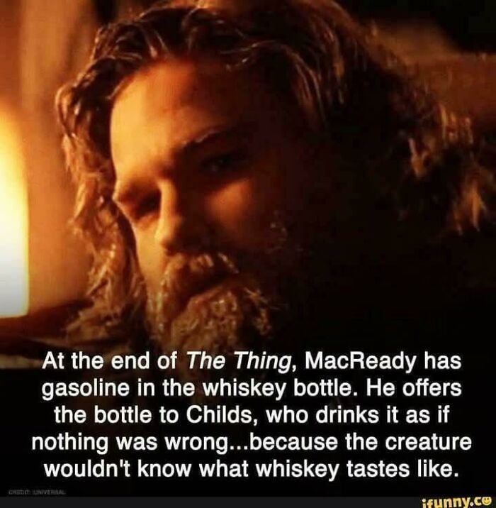 Scene from a science fiction movie meme explaining a plot twist about whiskey and a creature for science fiction nerds.