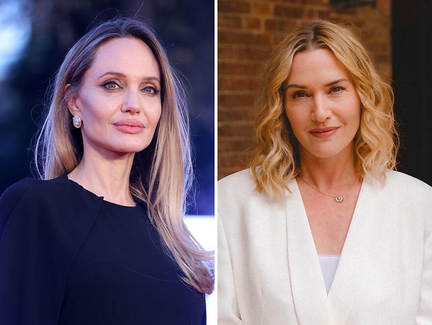 Angelina Jolie And Kate Winslet posing confidently, showcasing timeless beauty that redefines what it means to grow older.