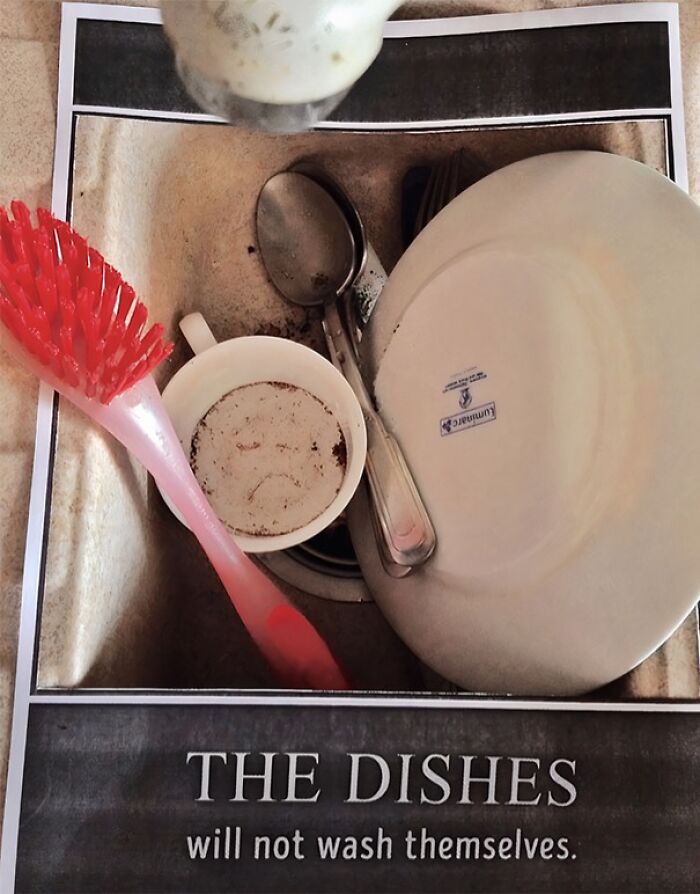 Kitchen scene with dishes, cup, and brush on a note reminding about creative and amusing notes left by parents.