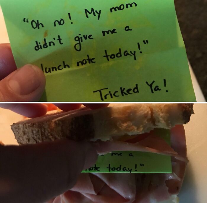 Handwritten amusing note hidden inside a sandwich, showcasing creative notes left by parents with a playful message.