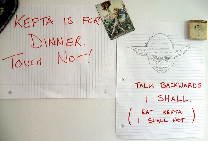 Handwritten amusing notes left by parents on lined paper, including a Yoda drawing and dinner warning.