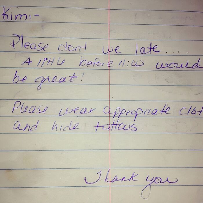 Handwritten creative and amusing note from a parent reminding to be on time and dress appropriately.