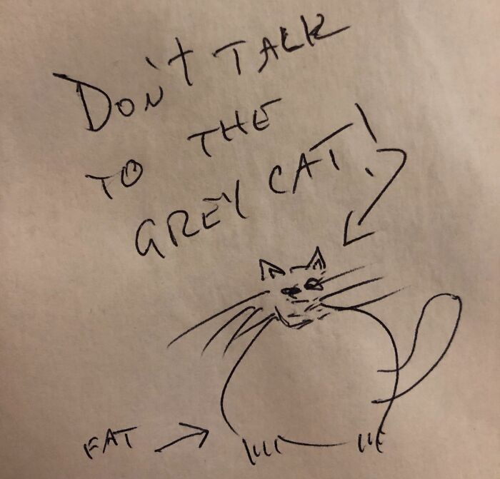 Handwritten amusing note from parents warning not to talk to the fat grey cat with a simple cat sketch.