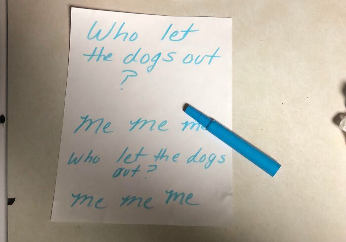 Handwritten creative and amusing note left by a parent asking who let the dogs out with a blue marker.