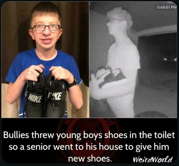 An amazing photo showing a split image of a boy holding new shoes and a senior delivering them, a story that might brighten your day.