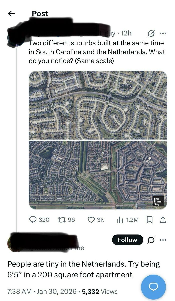 A social media post comparison of suburbs showing one of the dumbest things posted about house sizes.
