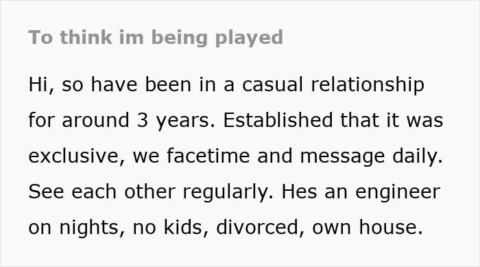 Text post about a woman&rsquo;s casual boyfriend in a 3-year situationship with exclusivity and daily communication.