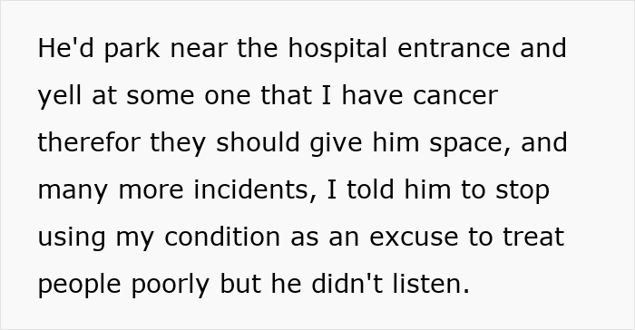 Text excerpt about husband use cancer diagnosis excuses, describing him claiming he has cancer to demand space