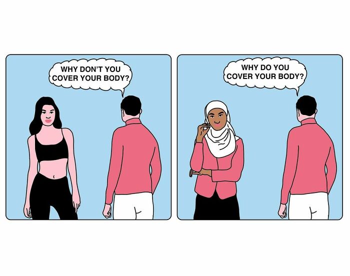 Studio Stoutpoep illustrations two-panel comic: man asks crop-top woman why she doesn't cover and hijab woman why she does