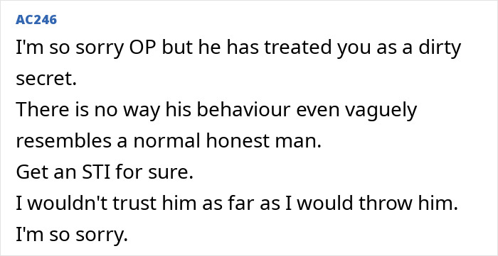 Text message expressing sympathy for a woman&rsquo;s casual boyfriend who had a secret side piece in a long situationship.