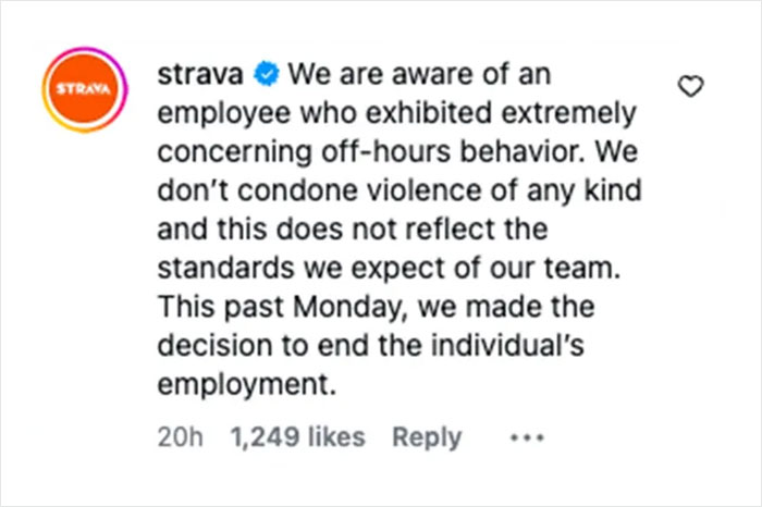 Instagram statement from Strava addressing employee behavior and announcing termination, linked to SF bartender viral response controversy.