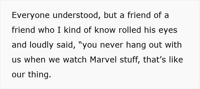 Text snippet showing a friend mocking a teen for not liking superhero stuff, missing the grief-related reason.