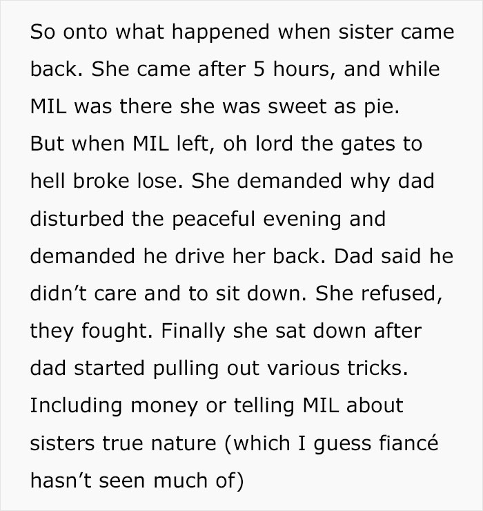 Text excerpt describing a woman witnessing her sister turn into a bridezilla, leading to a messy family meeting.