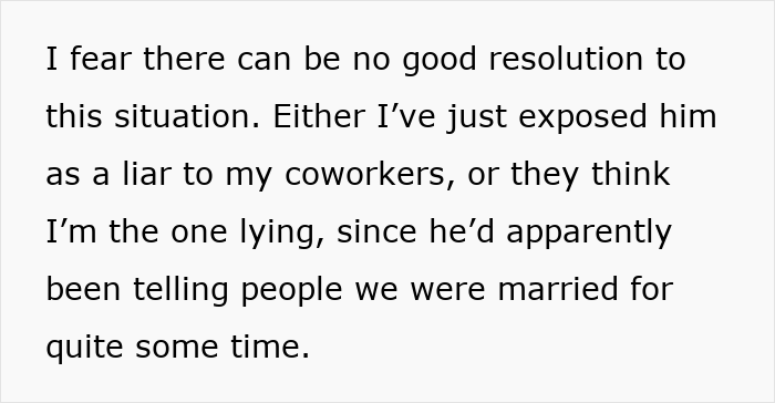 Text excerpt describing a married lady shocked by coworker claiming they are hitched, causing confusion at work.