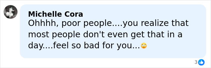 Comment from Michelle Cora expressing sympathy towards poor people, with a sad emoji, discussing food and criticism.