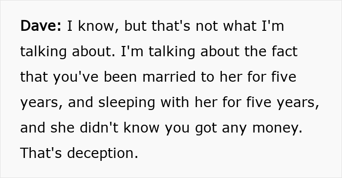Text message conversation showing a man confronting another about hiding his real net worth from his wife and deception.