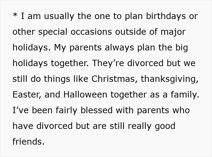 Text excerpt about planning family birthdays and holidays despite parents being divorced, highlighting family dynamics and special occasions.