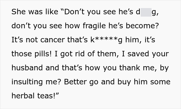 Text excerpt showing a conversation about cancer symptoms and alternative treatments involving pills and herbal teas.