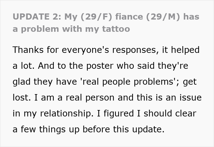 Text post discussing a guy spiraling over fiancée’s tattoo designed by ex and postponing their wedding after friend’s advice. Text post discussing a guy spiraling over fiancée’s tattoo designed by ex and postponing their wedding after friend’s advice.
