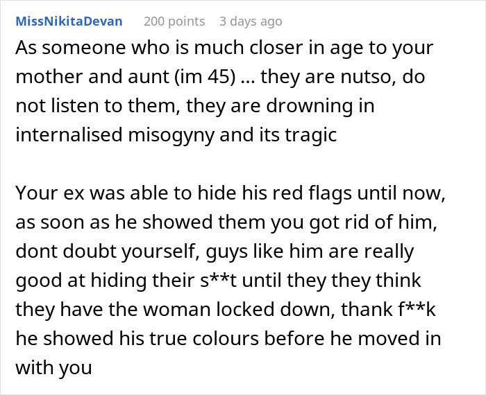 Reddit comment by MissNikitaDevan about an ex hiding red flags and internalized misogyny