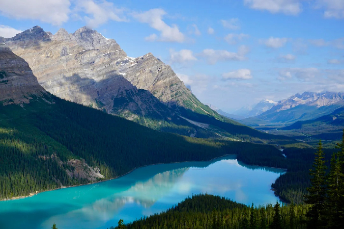 Most Stressful Countries concept — turquoise mountain lake with forested shores and rugged peaks under blue sky