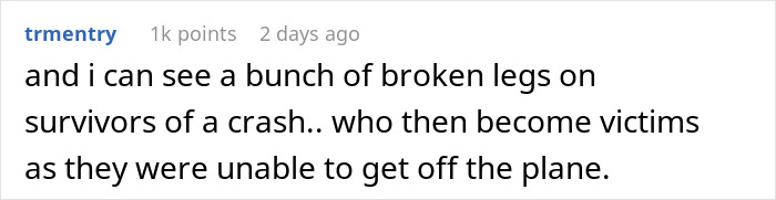Reddit comment warning of broken legs after crash, criticizing sardine can seating on new planes