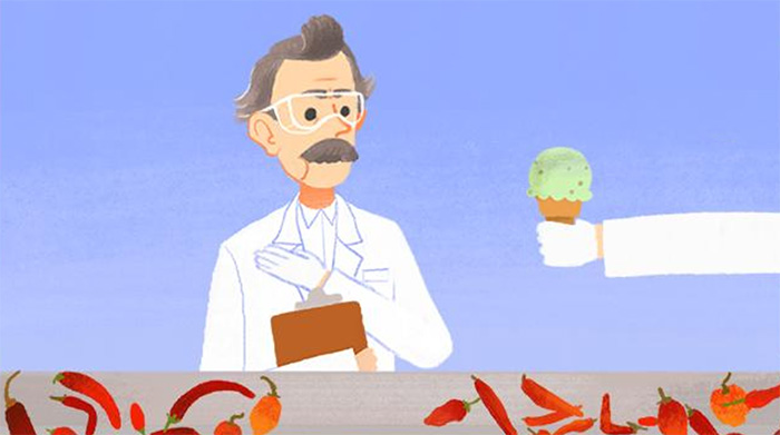 Animated man with mustache and glasses in a lab coat receiving ice cream in a popular Google Doodle game scene.