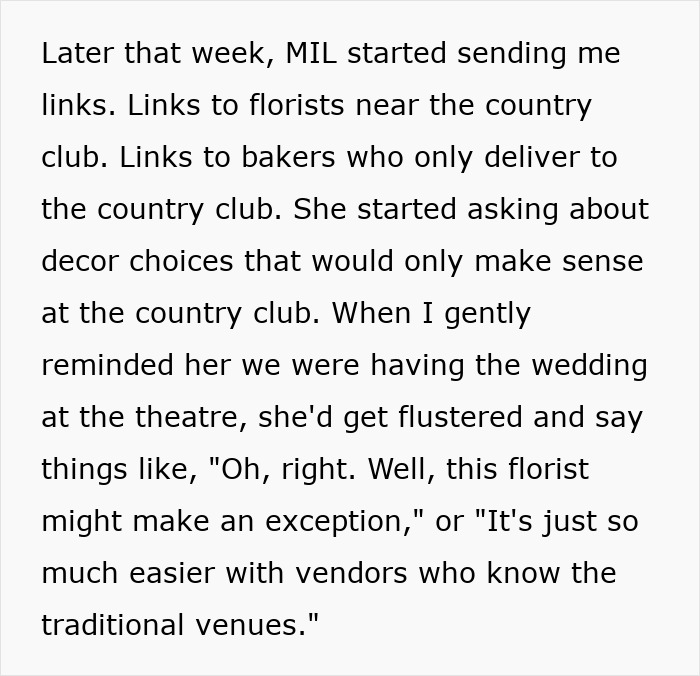 Text showing a woman describing how her MIL&rsquo;s generous gift was a manipulative way to control her wedding decisions.