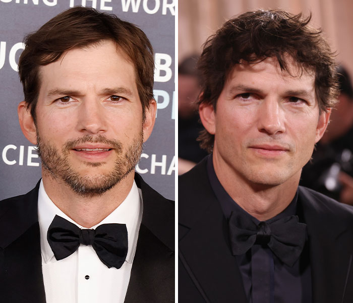 Split image of a male star showcasing dramatic transformations with different hairstyles and beard styles at the 2026 Golden Globes.