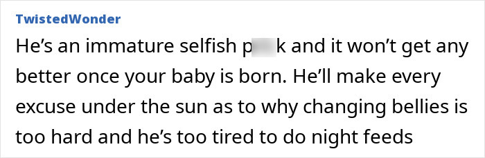 Screenshot of a comment criticizing a man&rsquo;s excuses after eating his pregnant partner&rsquo;s craving treat, causing relationship doubts.