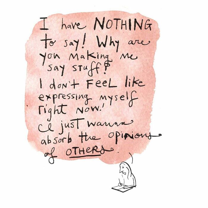 Hand-drawn comic by Dana Jeri Maier showing a person surrounded by a pink speech bubble expressing reluctance to speak.