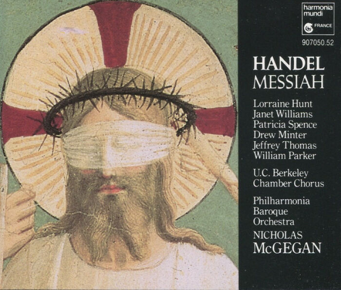 Album cover with a blurred and blindfolded religious figure wearing a crown of thorns, a hilariously bad design sold publicly.