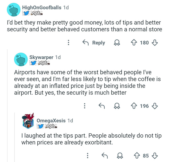 Screenshot of Reddit comments discussing tips and customer behavior highlighting why airport baristas have one of the worst jobs ever
