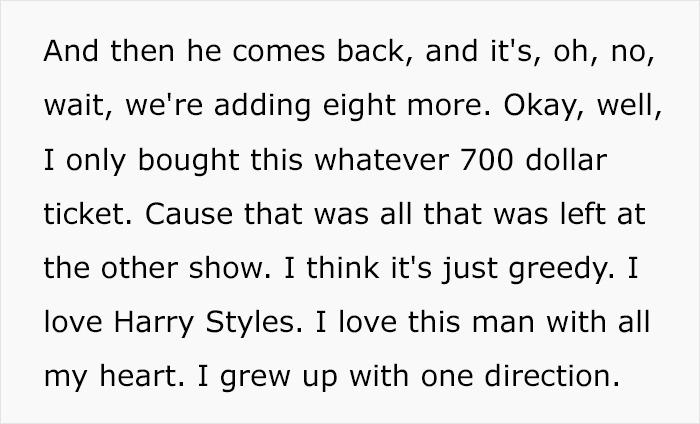 Excerpt of fan comments expressing frustration over the high prices of Harry Styles new tour tickets.