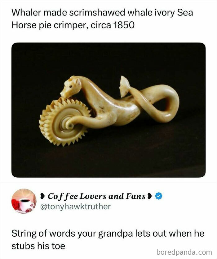 Scrimshaw whale ivory Sea Horse pie crimper from 1850, featured in 96 internet posts that made scrolling enjoyable.