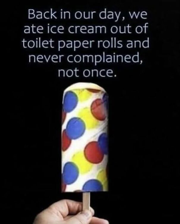 Hand holding a colorful popsicle with text about eating ice cream from toilet paper rolls in relatable memes.