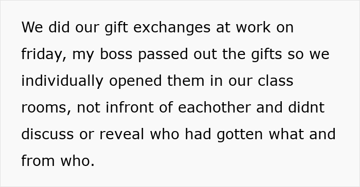 Text passage describing a daycare worker's experience with coworker gift exchanges and misunderstandings.