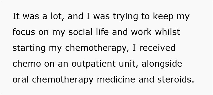 Block of testimonial text about chemotherapy treatment, includes keyword husband uses cancer diagnosis excuse