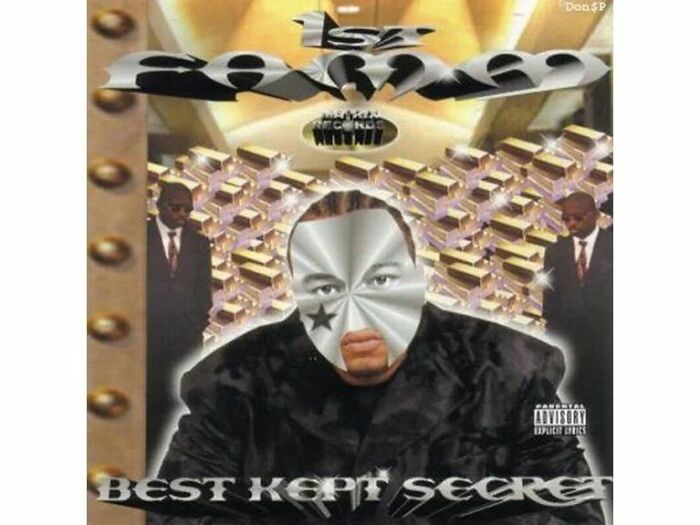 Hilariously bad album cover featuring a distorted face with a metallic star mask and abstract background elements.