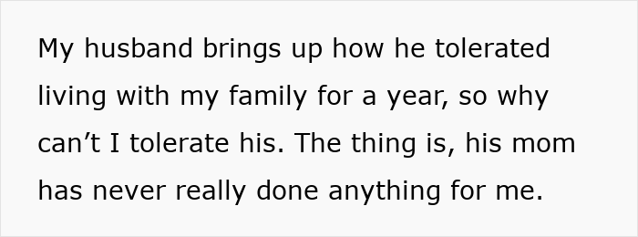 Text discussing a wife refusing to house her husband's relatives, leading to conflict over living arrangements with his mommy.