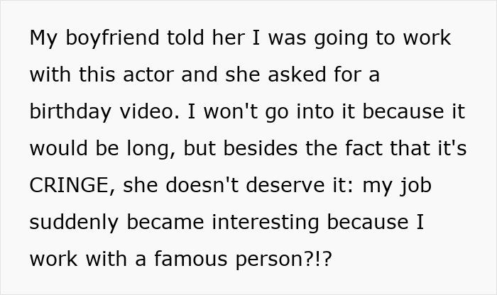 Text message discussing MIL demanding a birthday video risking job over working with a celebrity and the refusal causing conflict.