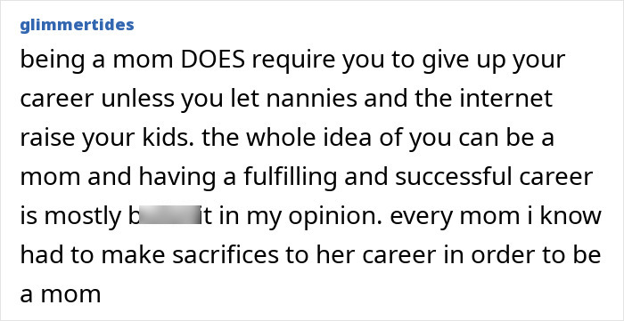 Text post discussing how nannies and the internet help parents balance raising kids and maintaining a career.